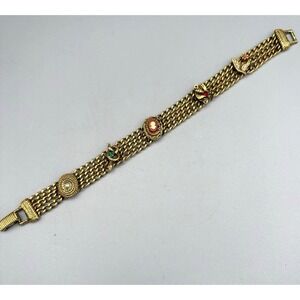 Vintage Goldette Triple Link Bracelet Cameo Snake Bee Mid-Century Gold Tone